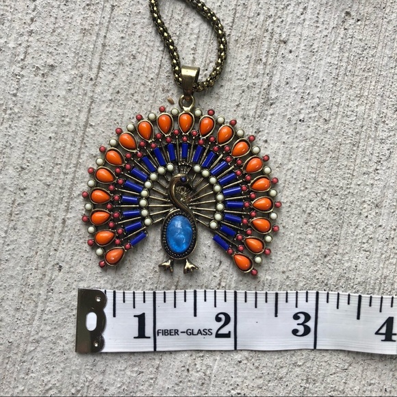 Peacock necklace Blues and Orange, gold metallic - Picture 8 of 8